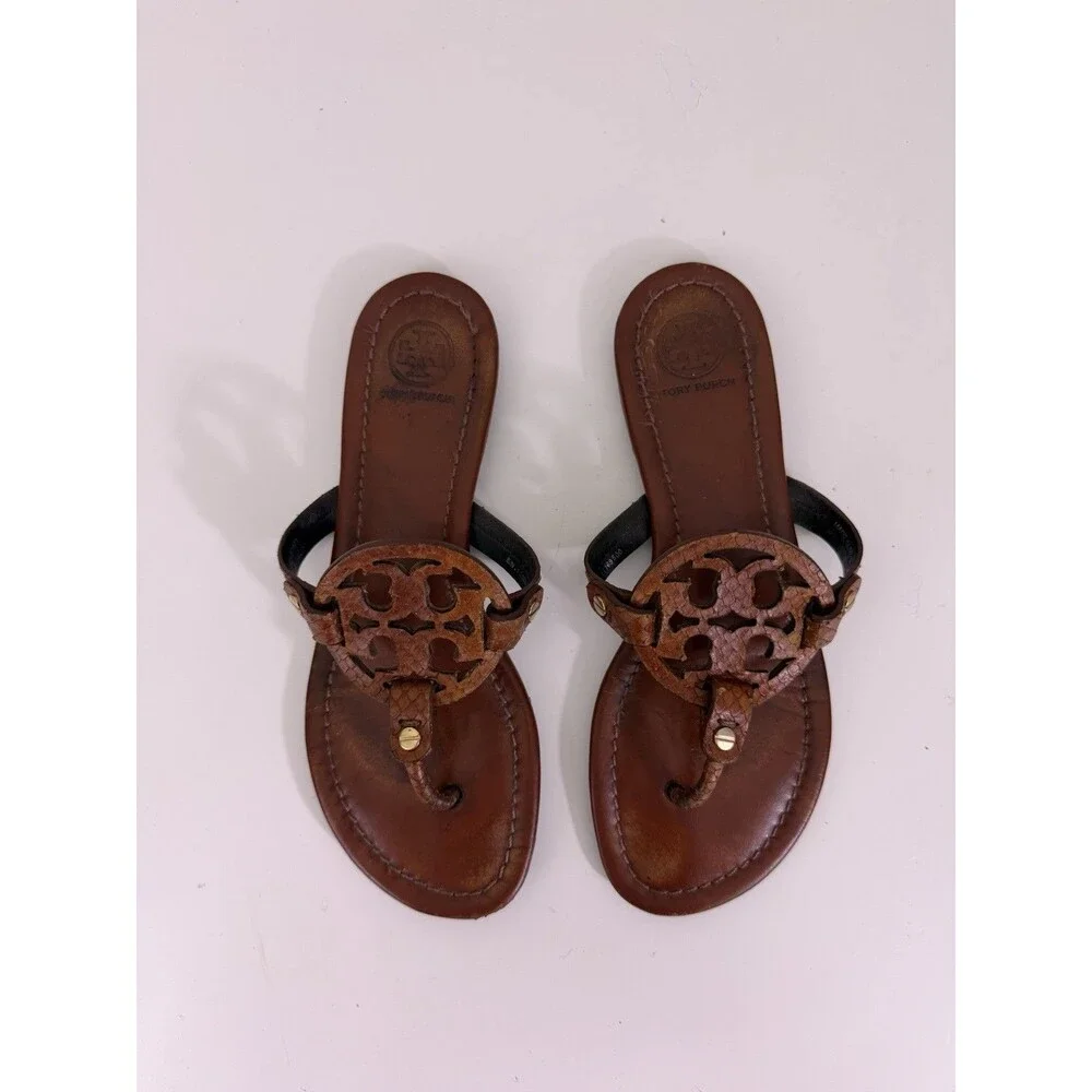 Tory Burch Miller Sandal Logo Brown Leather Model Off Duty Sz 7 M